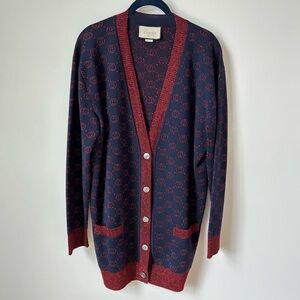 Gucci GG Lame Wool Jaquard Navy and Red Cardigan